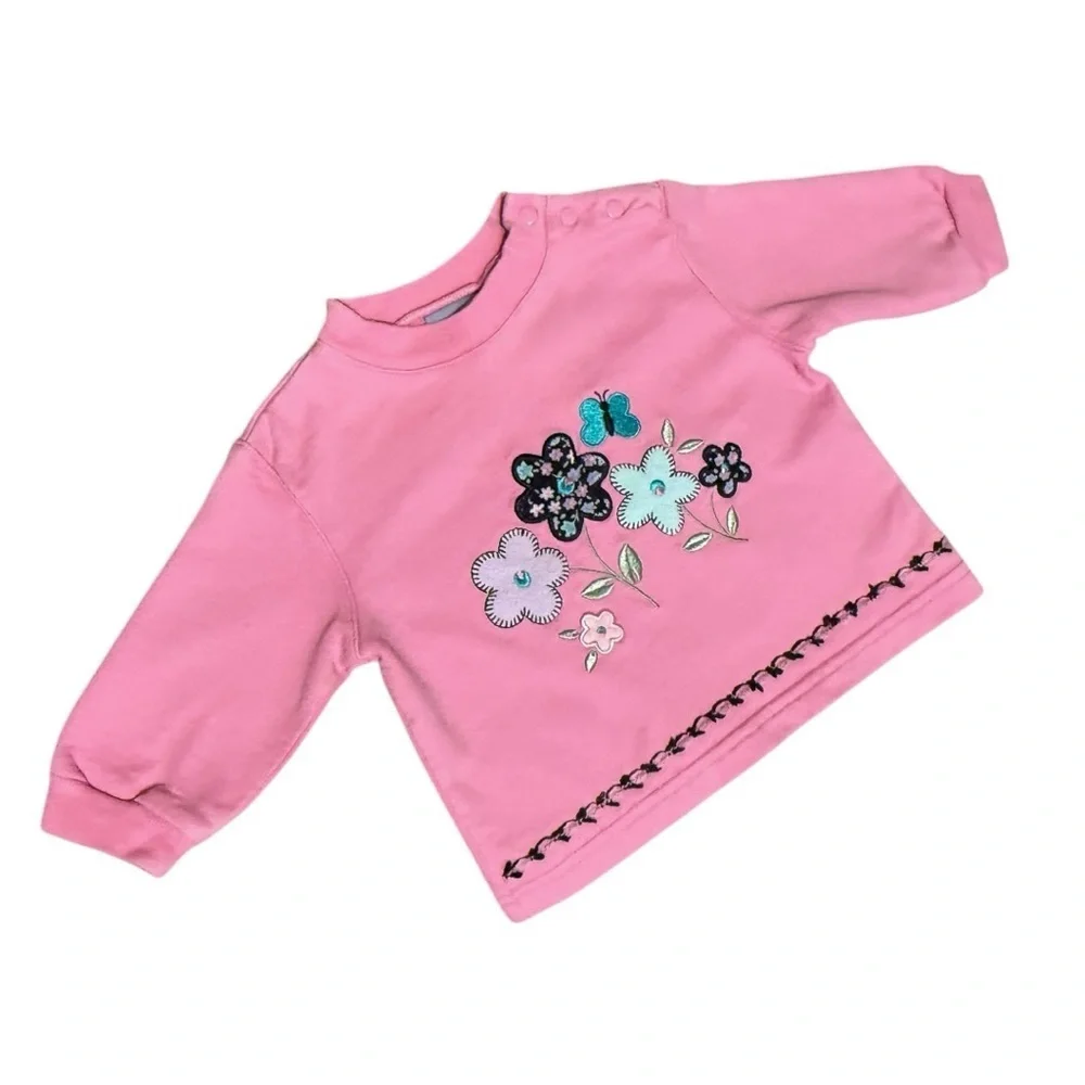 Vintage 1990s Koala Kids Pink Embroidered Sweatshirt 3–6M Floral Butterfly Top